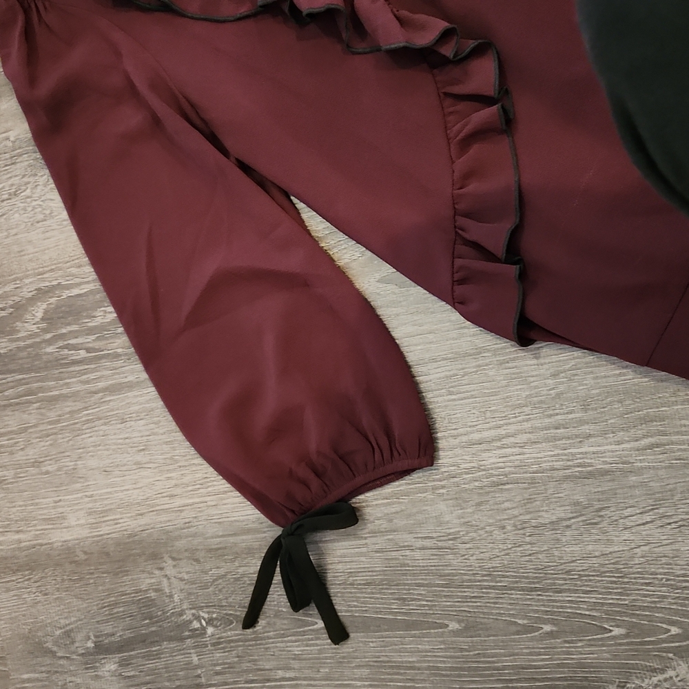 New York & Company Burgundy Blouse with Black Accents - Picture 3 of 11